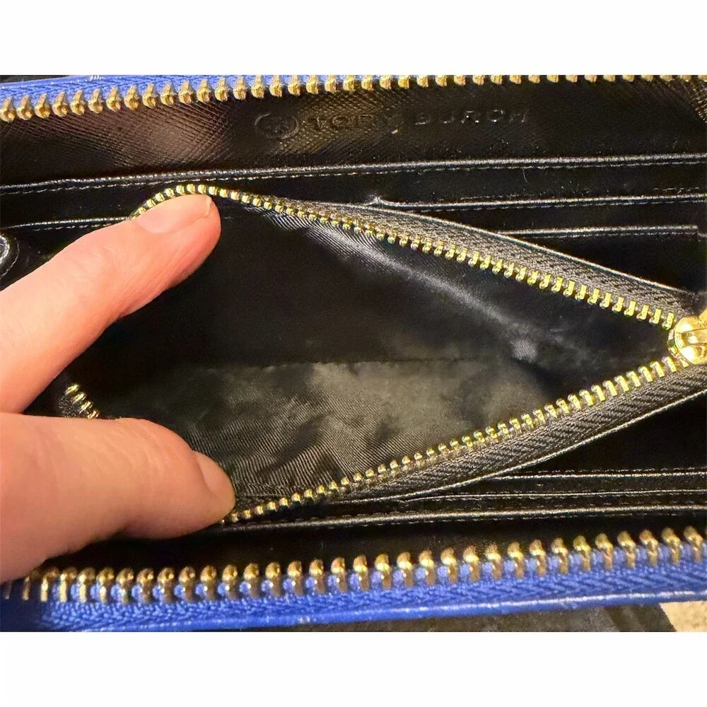 Tory Burch Blue Pebbled Leather Wallet Zip-Around Continental Tassel - Picture 4 of 7